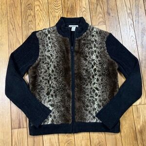 Y2K Leopard Fur Front Zip Cheetah Cardigan Sweater‎ Black Old Money Knit Size M